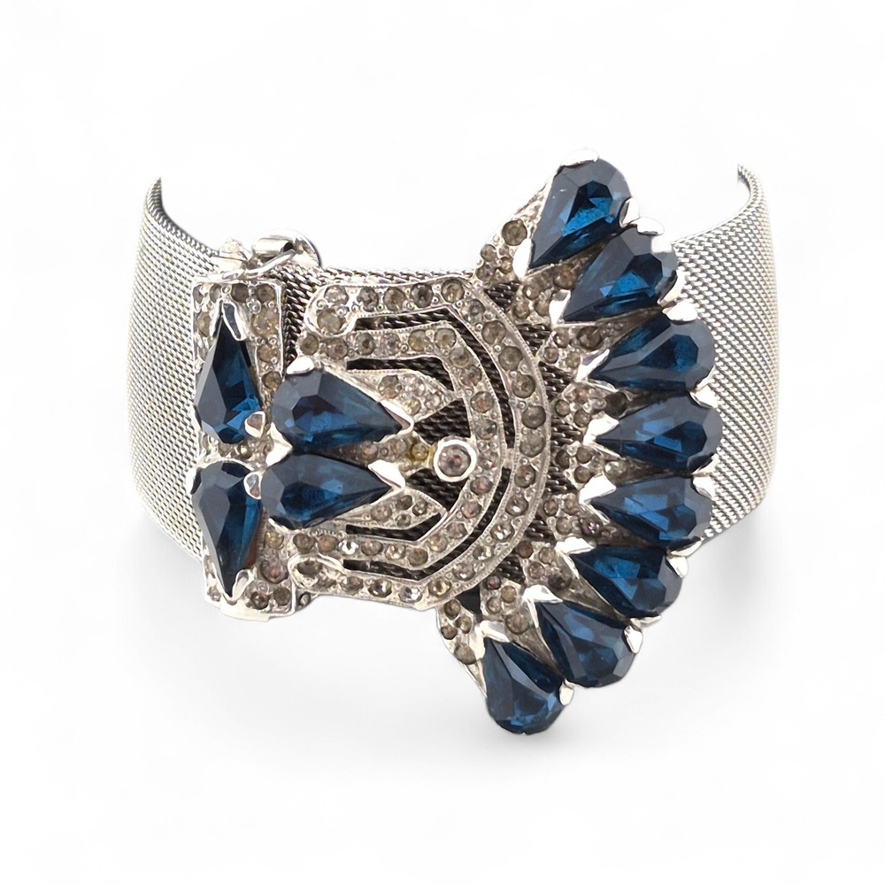 Art Deco Style Blue Rhinestone Silver Tone Mesh Cuff Bracelet Statement